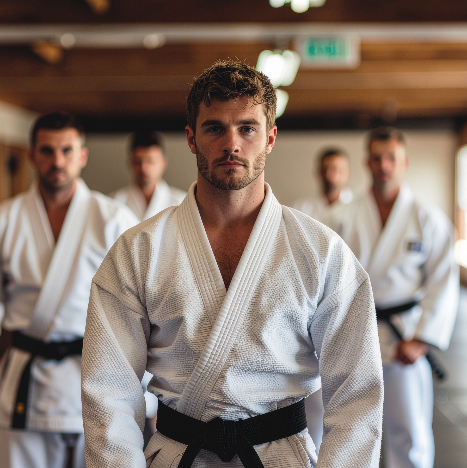 Adult judo students in black belts training self-defense techniques at Darfight Brooklyn dojo