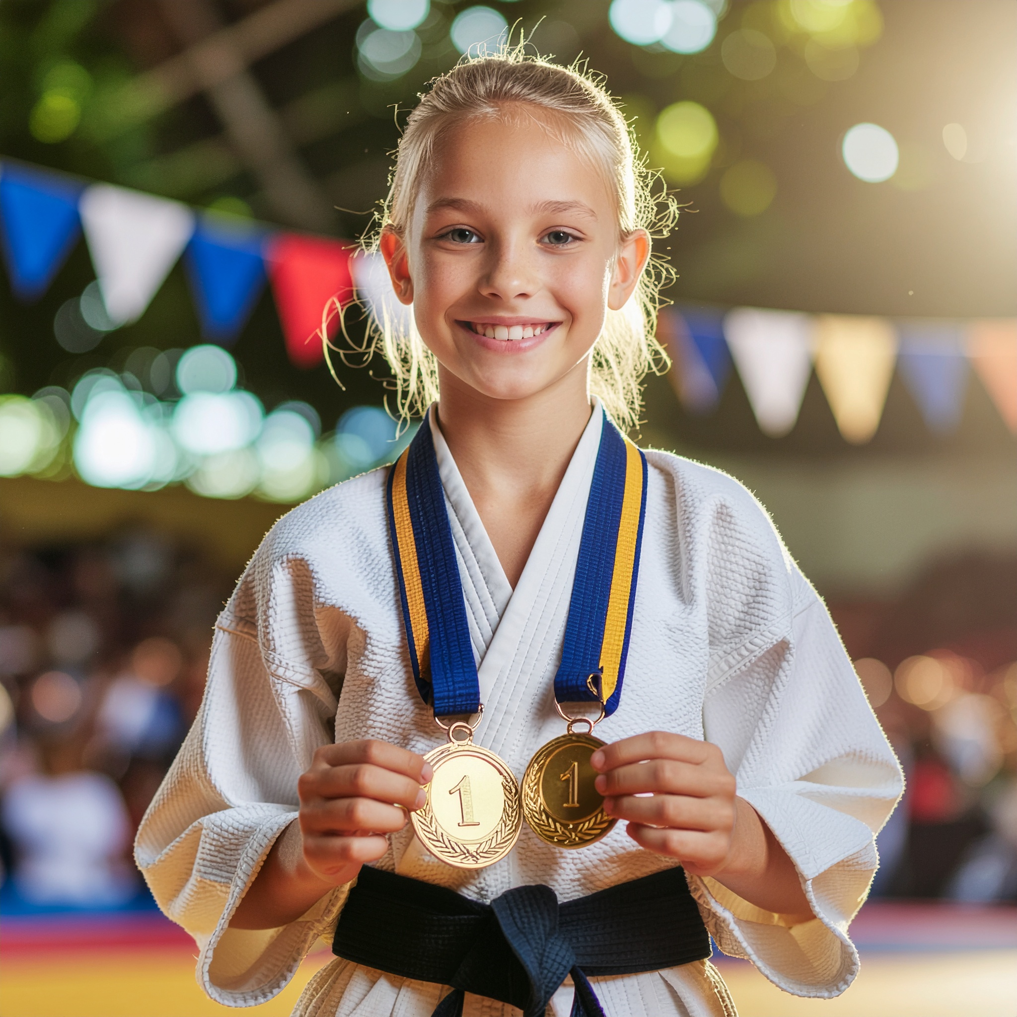 Darfight Judo national champion athlete proudly holding gold medals after competition.
