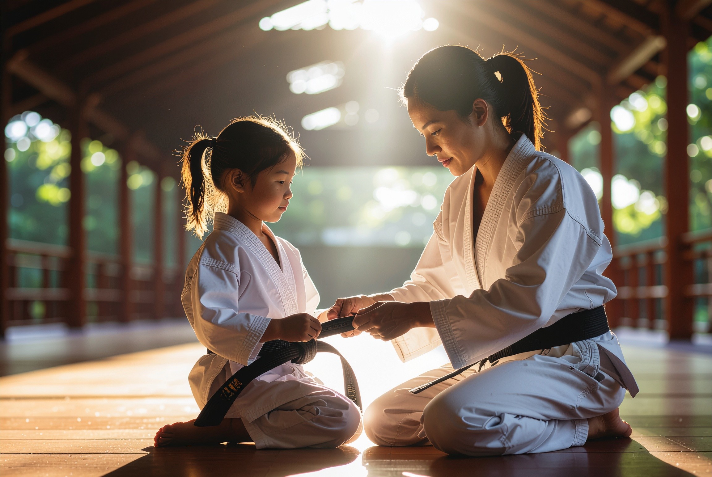 Judo coach offering guidance and mentorship to young student during a calm moment in Brooklyn dojo