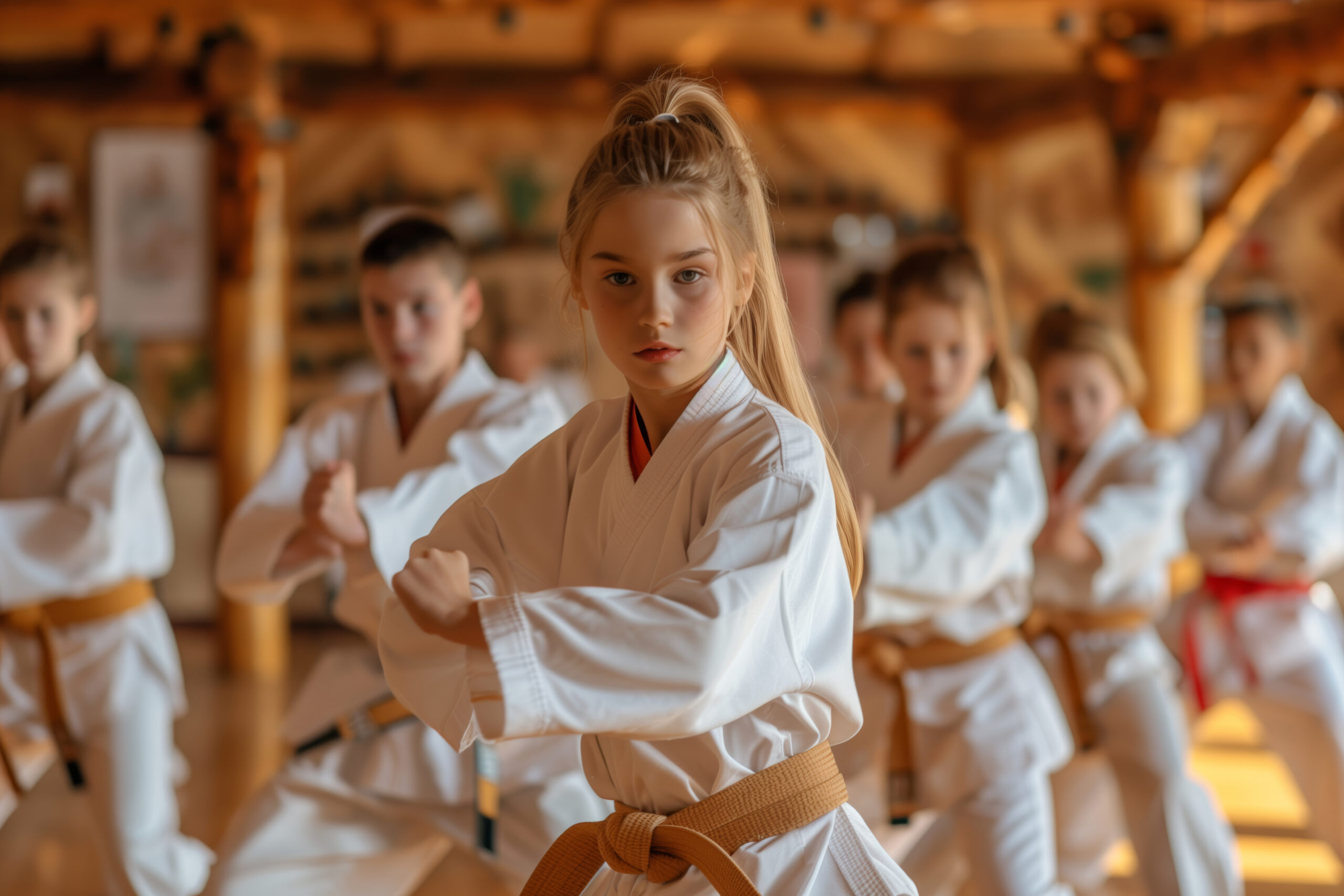 Children in white judo uniforms training with focused expressions during class in Brooklyn