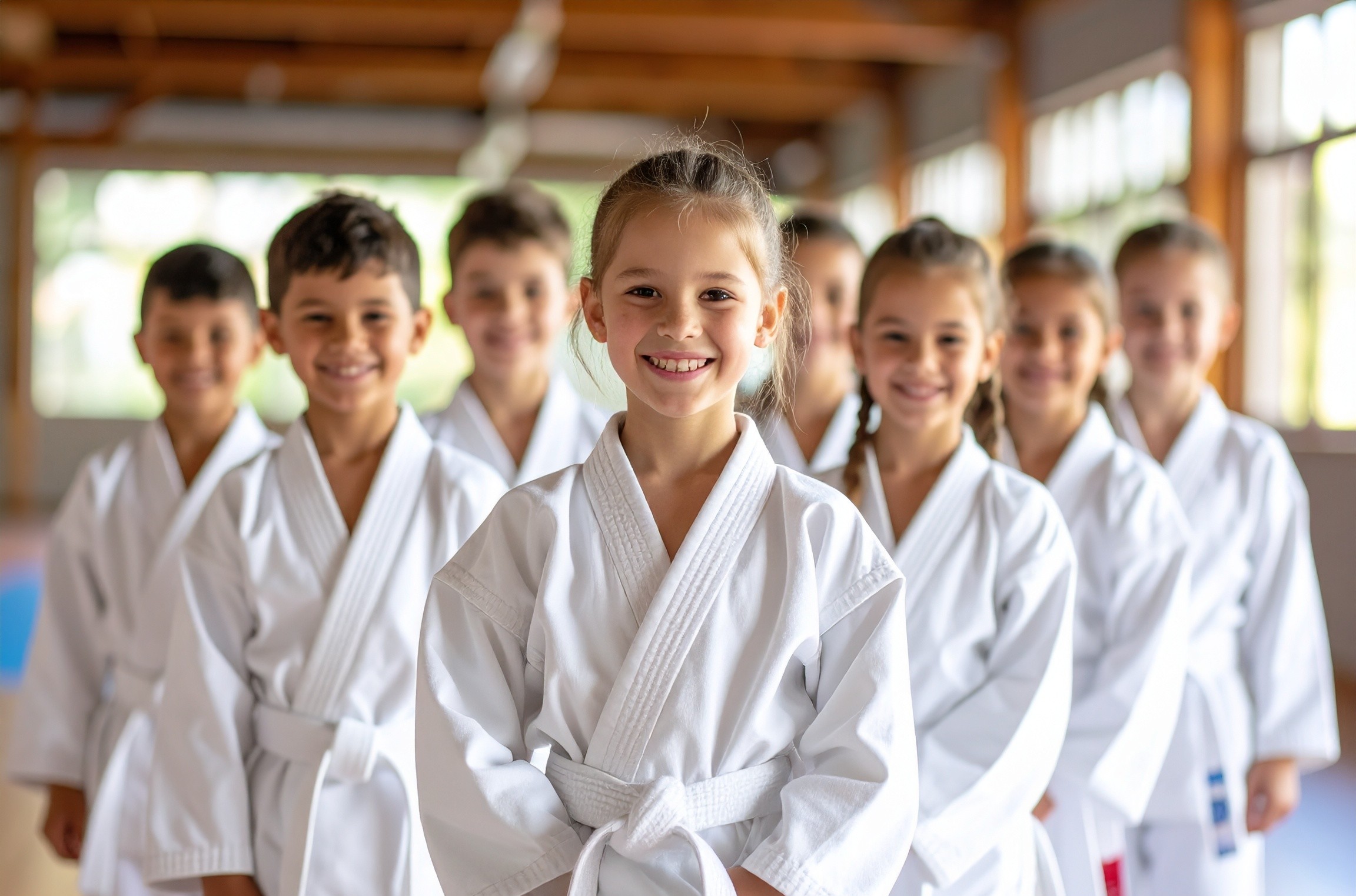 Group of smiling children wearing white judo gis in a kids martial arts class at Darfight Brooklyn

