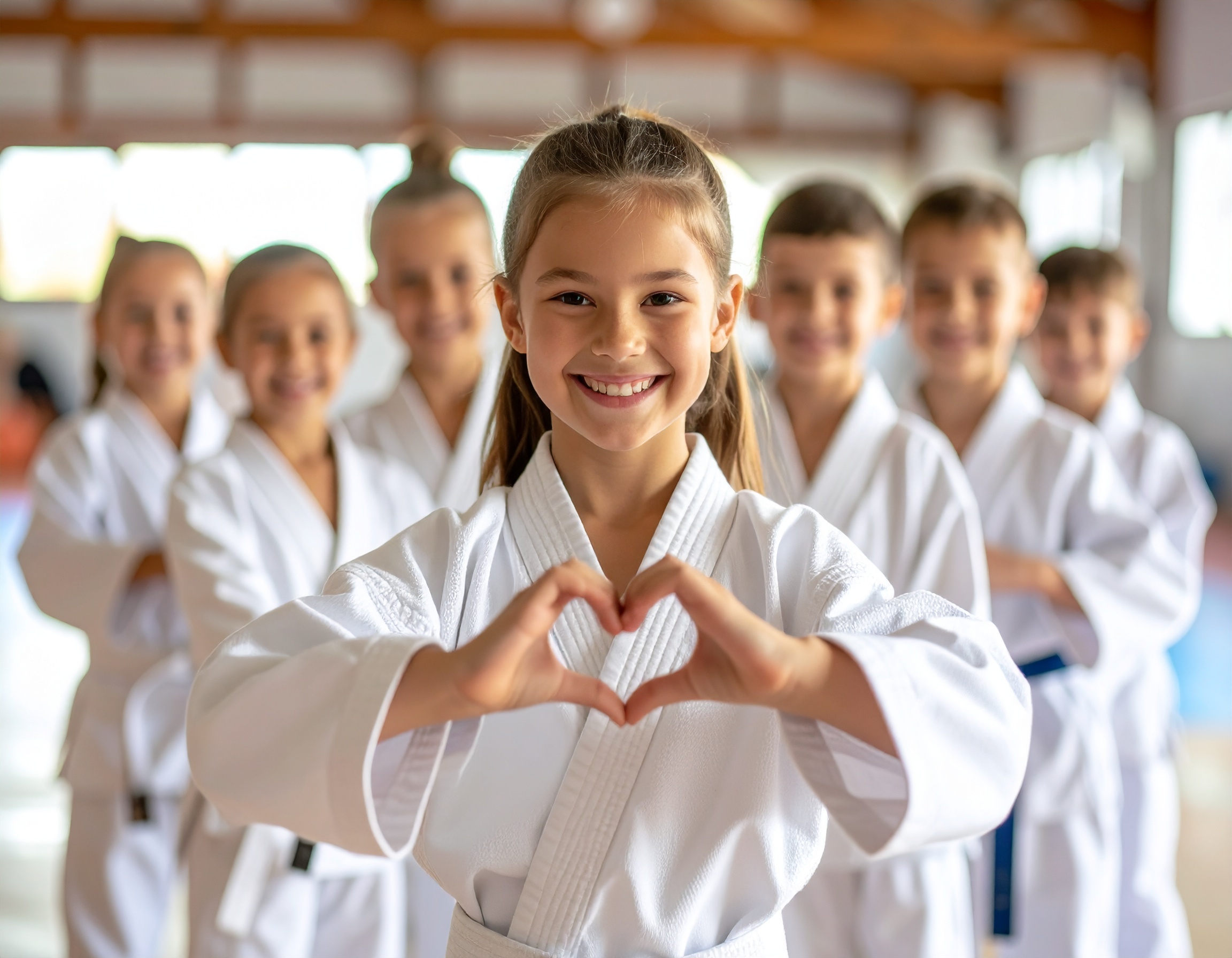 Smiling girls in judo uniforms forming a heart with their hands at Darfight Judo class in Brooklyn
