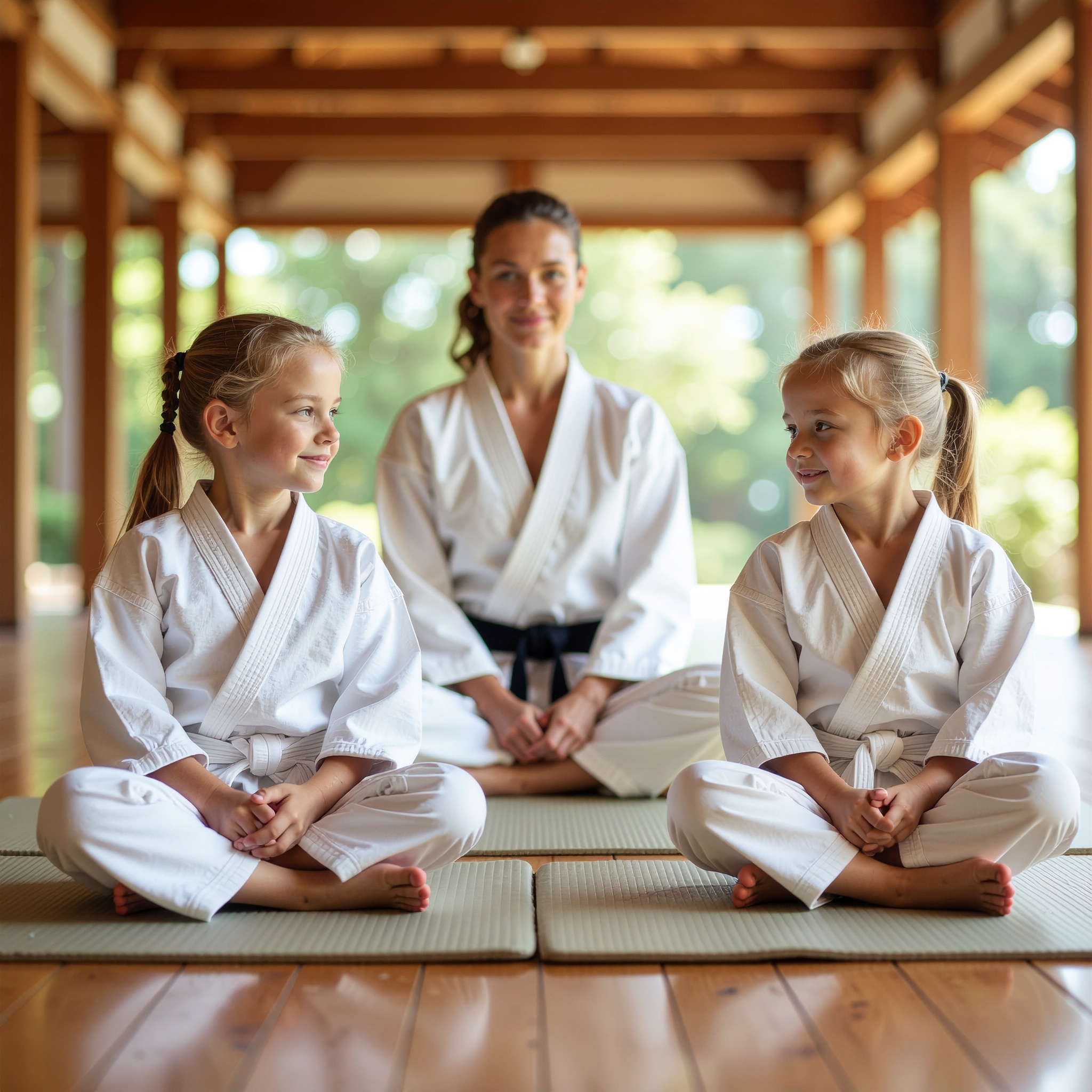 Two young girls in white judo gis sitting cross-legged and focused in a Darfight Judo class in Brooklyn
