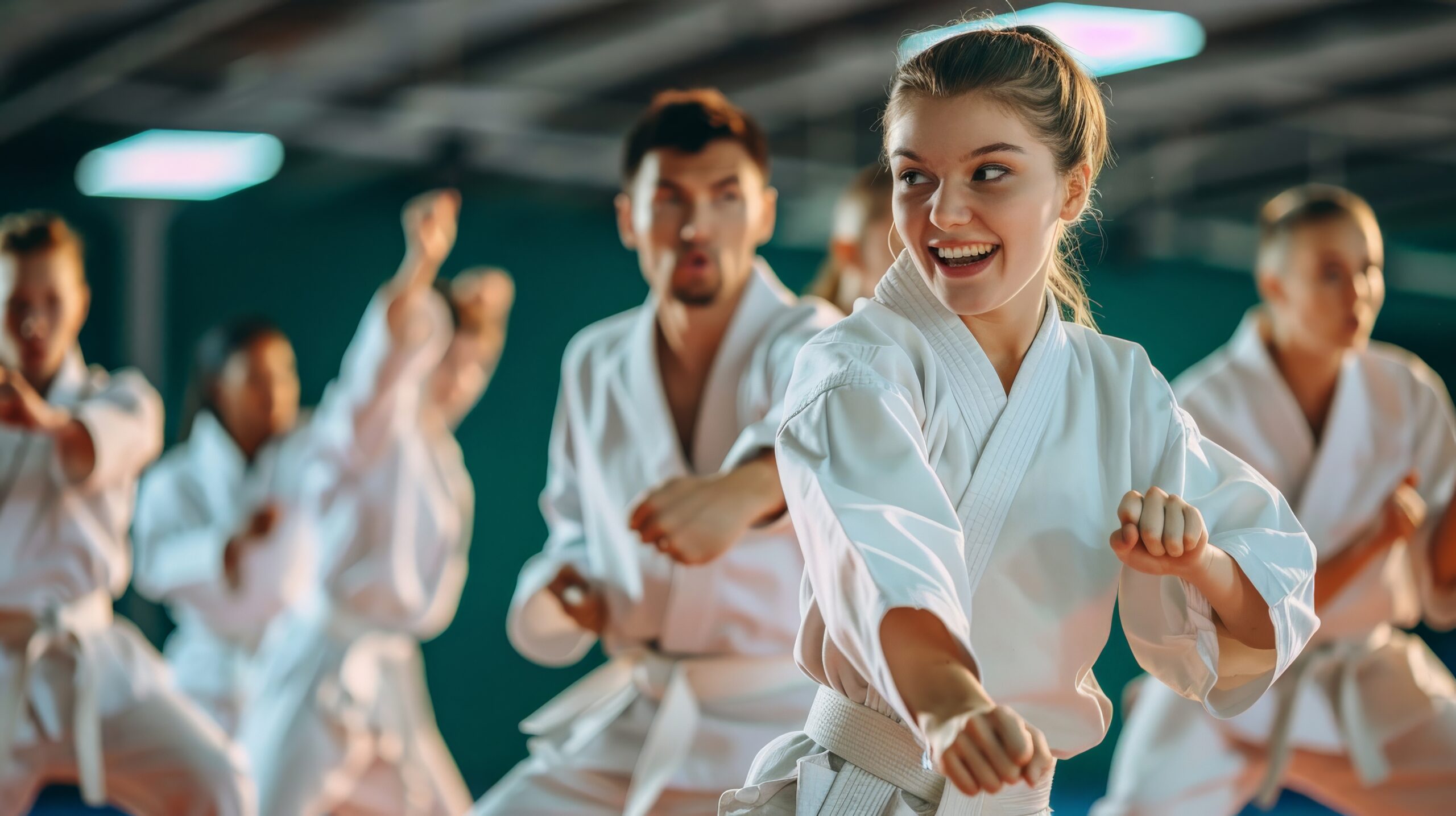 Smiling teenage girl in white judo gi practicing at Darfight Judo dojo in Brooklyn with group of teens